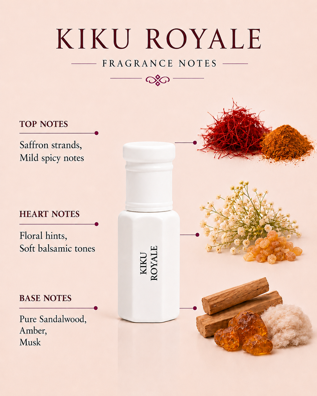 Arhas Kiku Royale fragrance notes - Spicy saffron top, floral heart, sandalwood and musk base