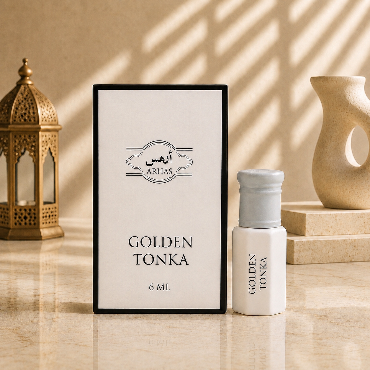ARHAS Golden Tonka attar oil 6ml roll-on bottle beside its retail box