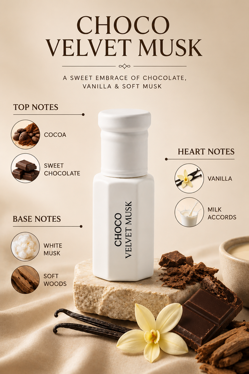 A white cylindrical perfume bottle labeled 'CHOCO VELVET MUSK' centered on a beige background with scent notes and chocolate, vanilla, and milk imagery. The text reads 'CHOCO VELVET MUSK' and includes 'Top Notes: Cocoa, Sweet Chocolate', 'Heart Notes: Vanilla, Milk Accords', and 'Base Notes: White Musk, Soft Woods'.