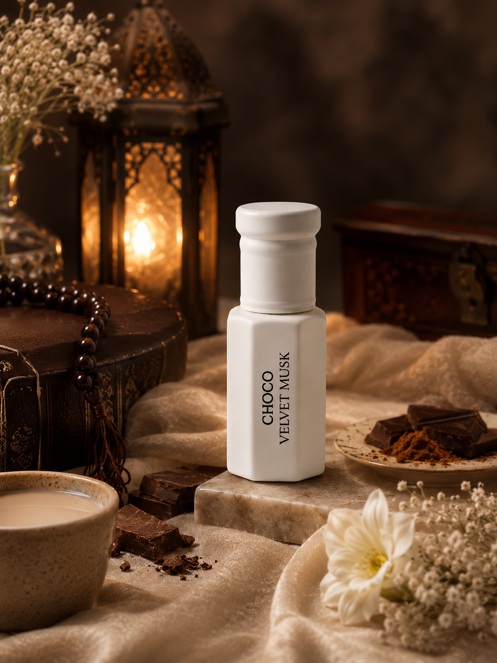 A white perfume bottle labeled 'CHOCO VELVET MUSK' stands on a stone slab in a styled scene with warm lighting, dried flowers, chocolate pieces, and a cup, suggesting a fragrance product.