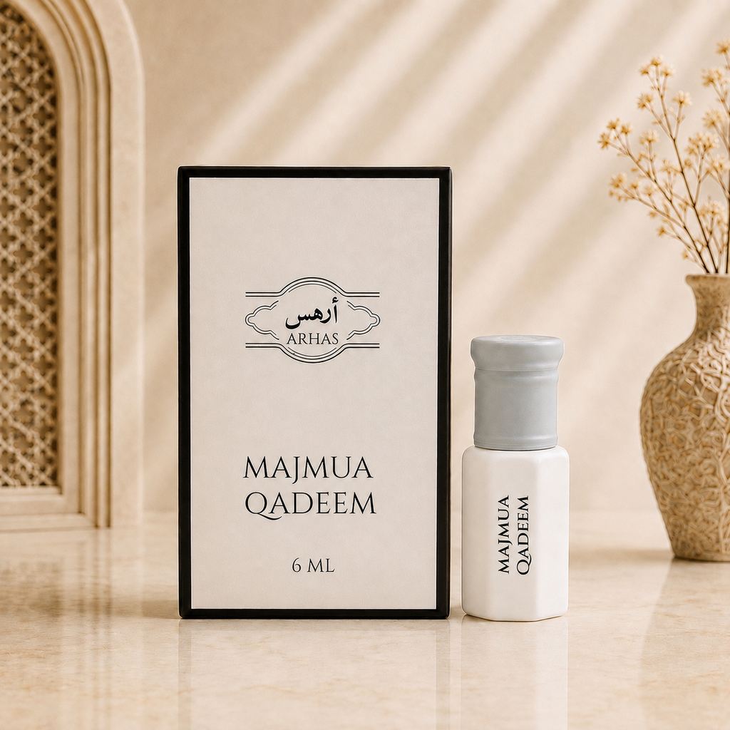 ARHAS Majmua Qadeem attar oil 6ml roll-on bottle beside its retail box