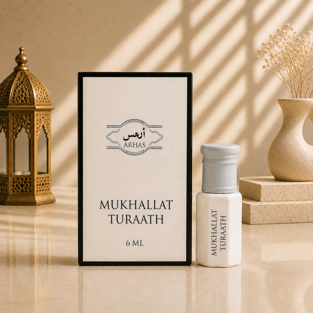 ARHAS Mukhallat Turaath attar oil 6ml roll-on bottle beside its retail box