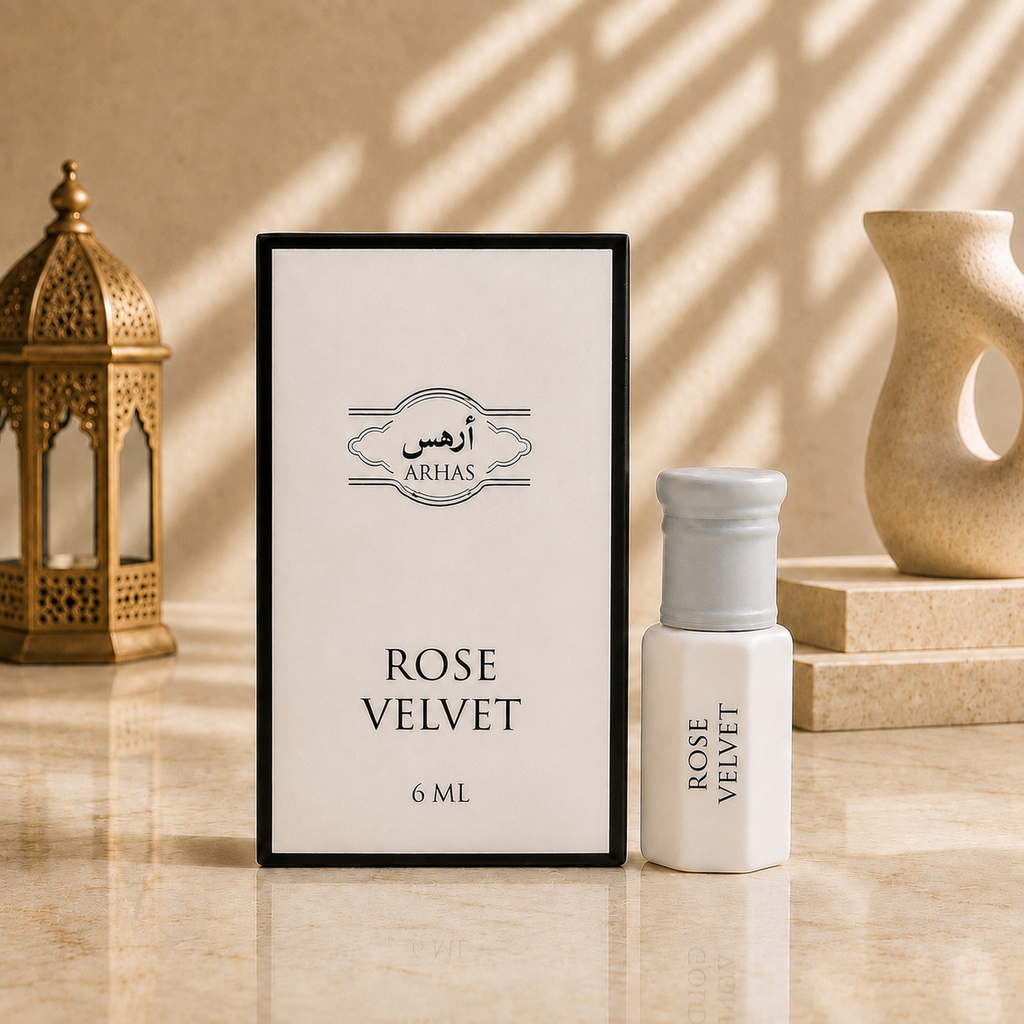 ARHAS Rose Velvet attar oil 6ml roll-on bottle beside its retail box