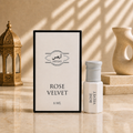 ARHAS Rose Velvet attar oil 6ml roll-on bottle beside its retail box