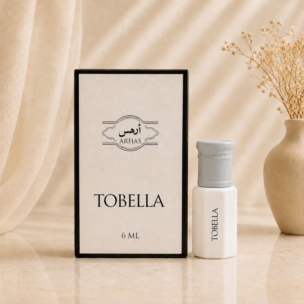 ARHAS Tobella attar oil 6ml roll-on bottle beside its retail box