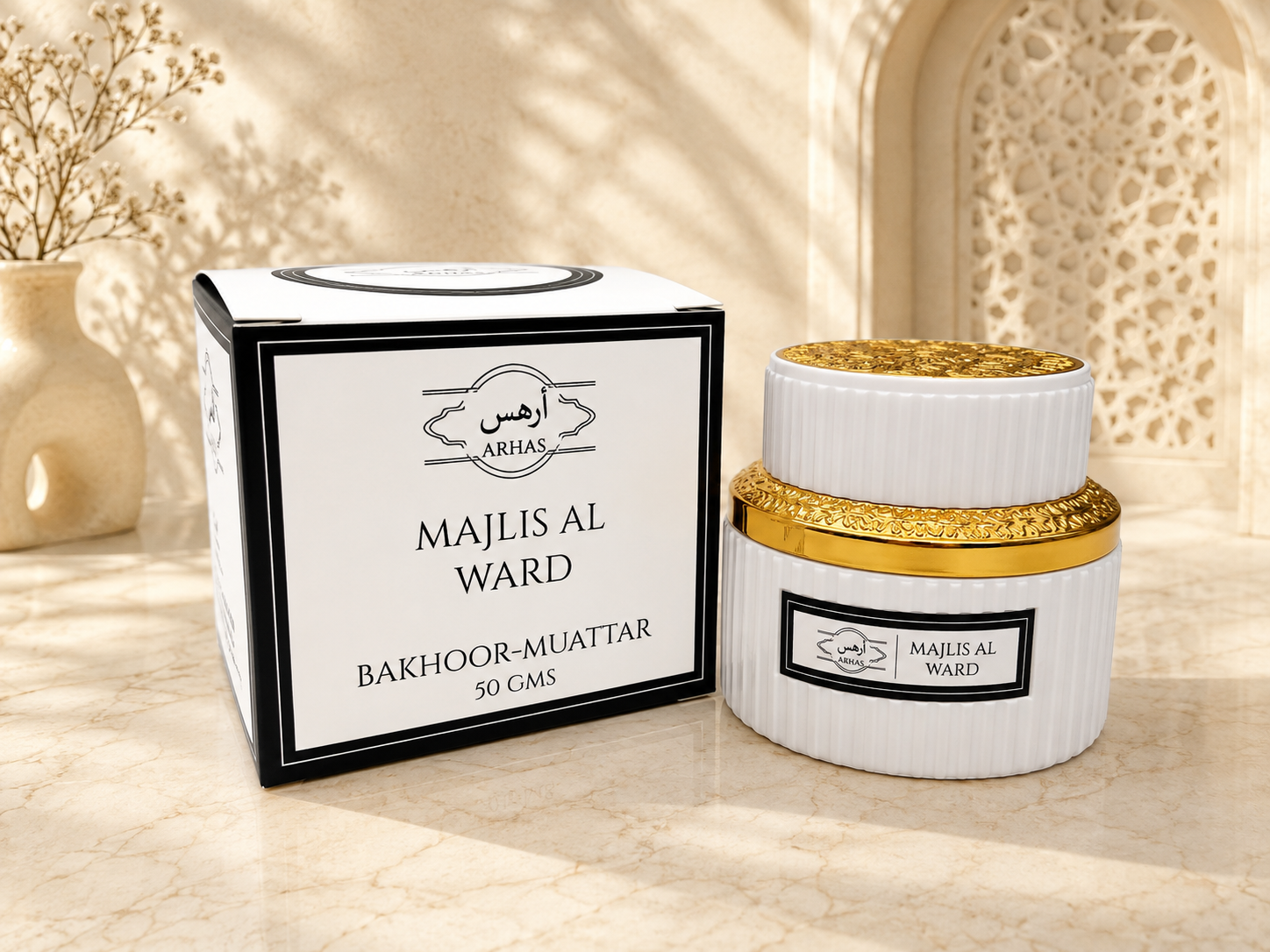 ARHAS Majlis Al Ward bakhoor-muattar jar, 50g, with gold lid and box