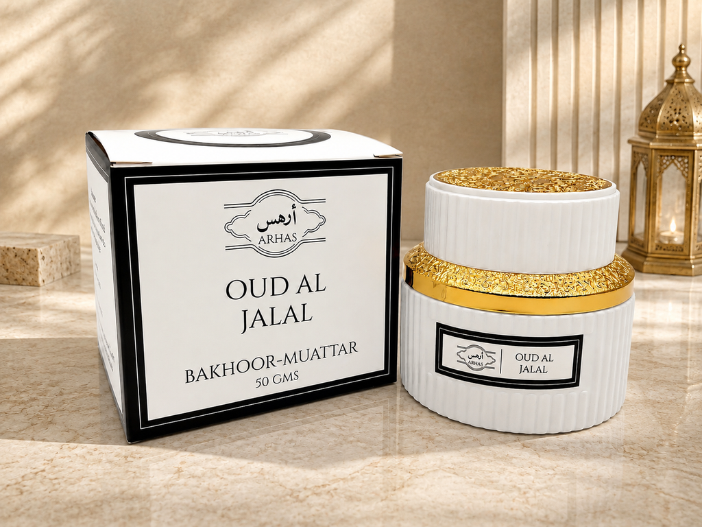 ARHAS Oud Al Jalal bakhoor-muattar jar, 50g, with gold lid and box