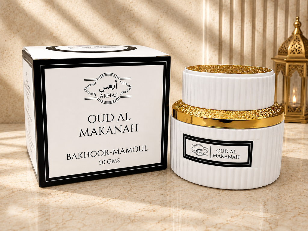 ARHAS Oud Al Makanah bakhoor-mamoul jar, 50g, with gold lid and box
