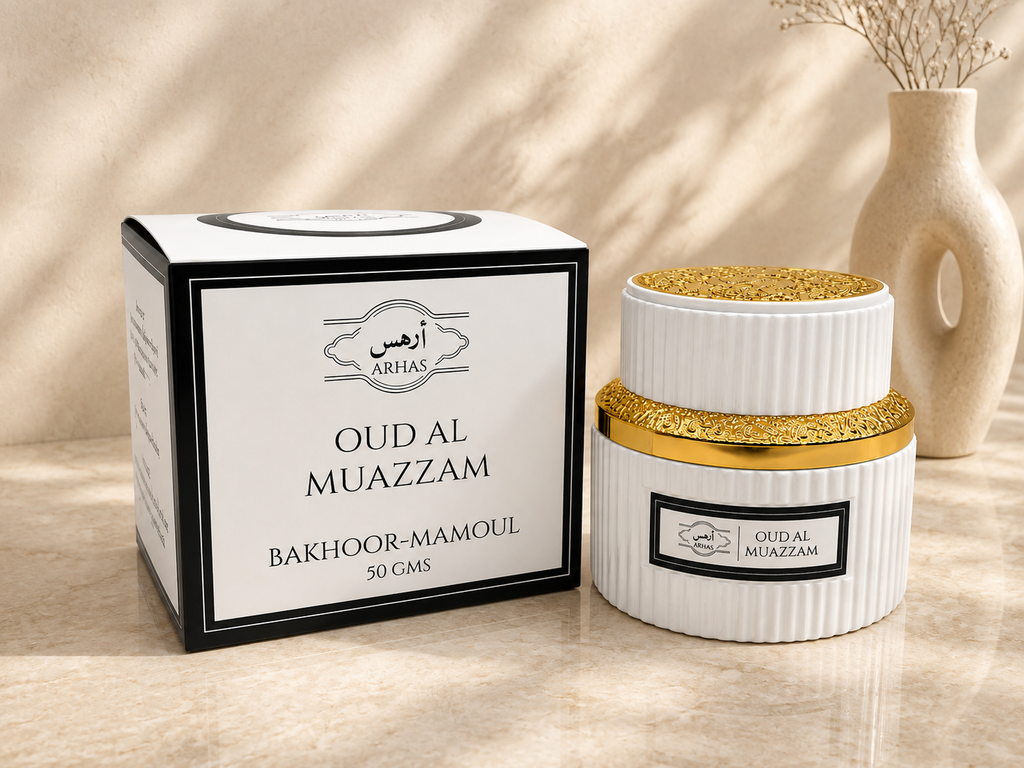 ARHAS Oud Al Muazzam bakhoor-mamoul jar, 50g, with gold lid and box