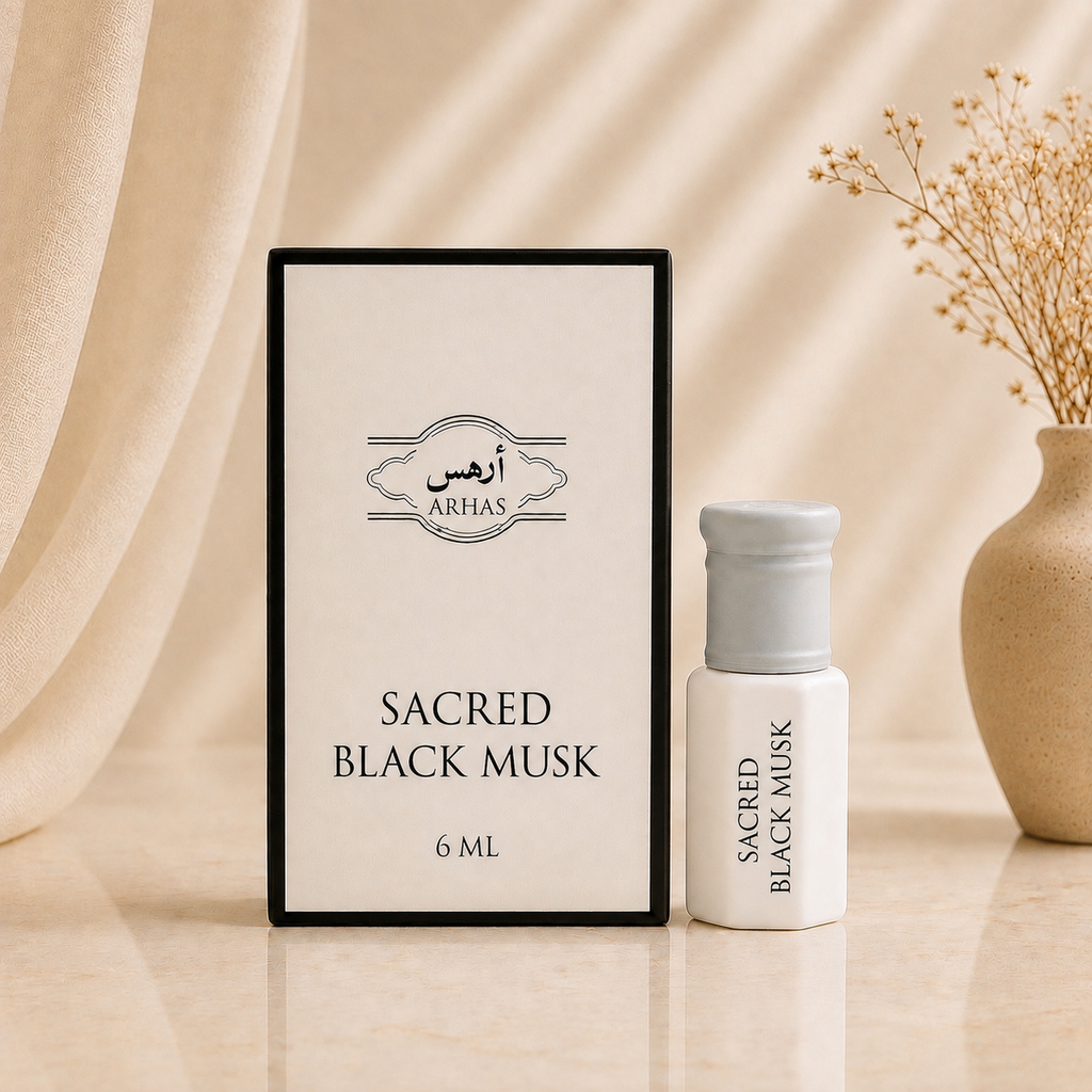 ARHAS Secret Black Musk attar oil 6ml roll-on bottle beside its retail box